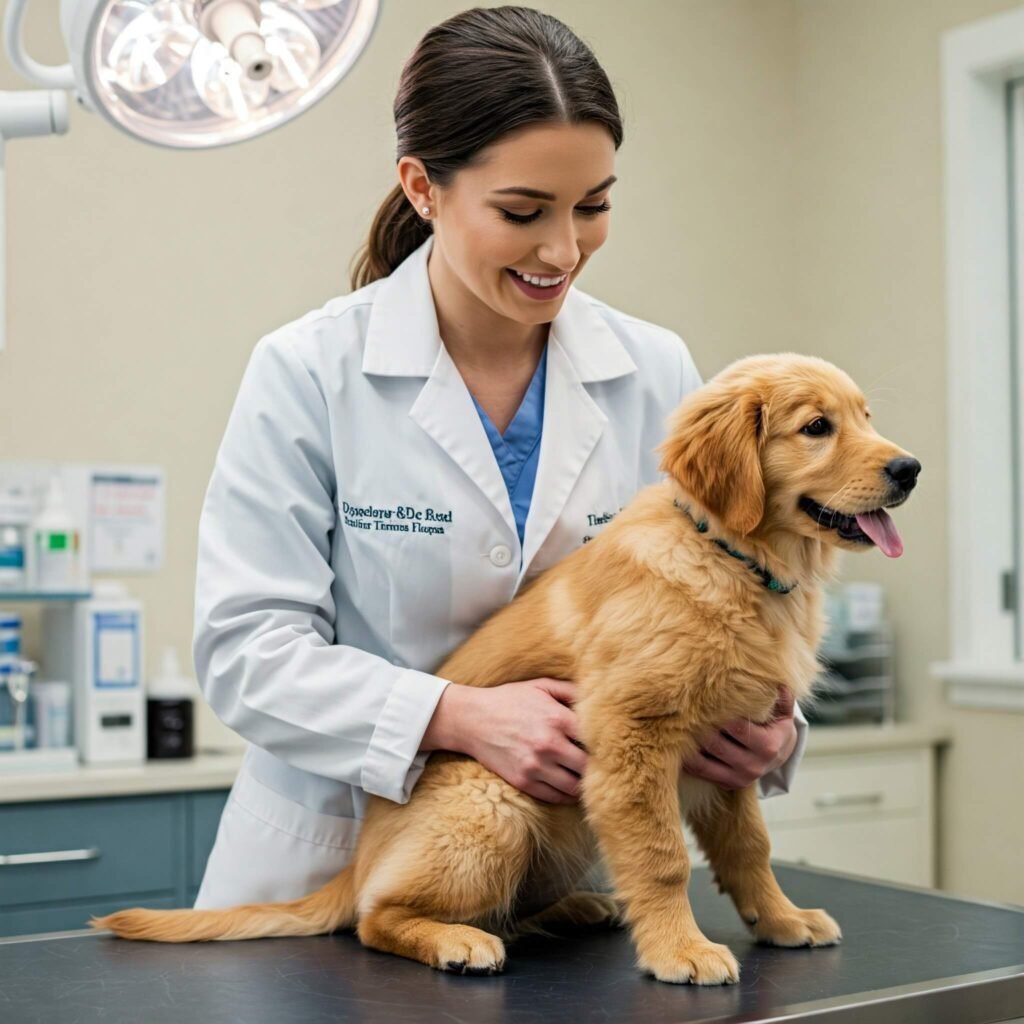 Vet tech examining dog