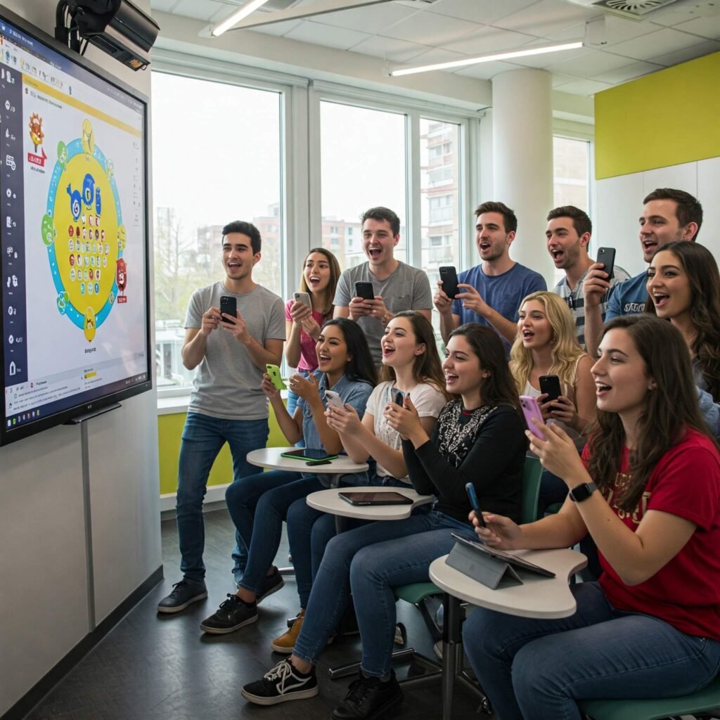 Excited students playing Kahoot! in a classroom.