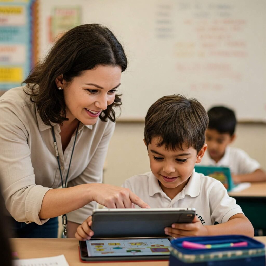 Teacher Supporting Student with Tablet