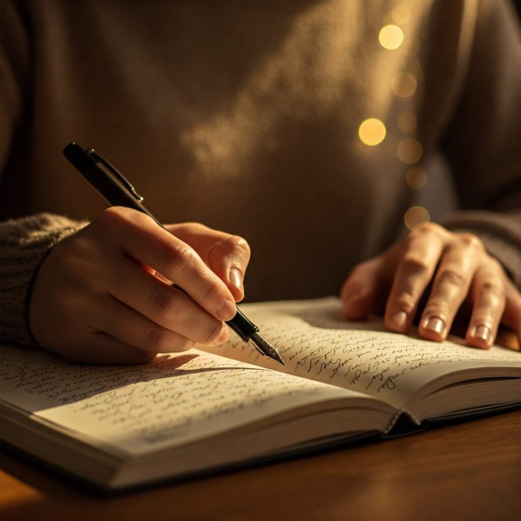 Hands writing in a notebook, bathed in soft light