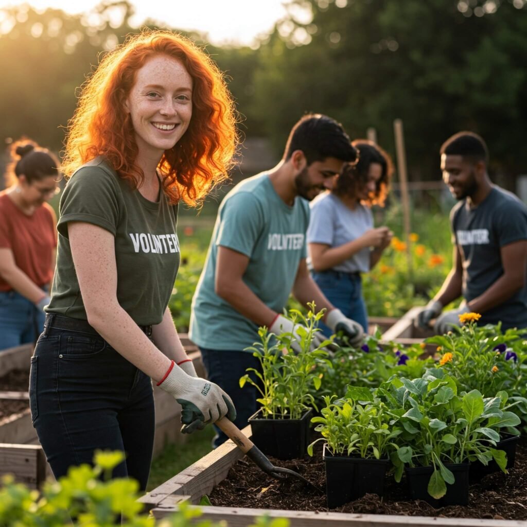 A group of young volunteers are cleaning up a local park, working together and smiling.