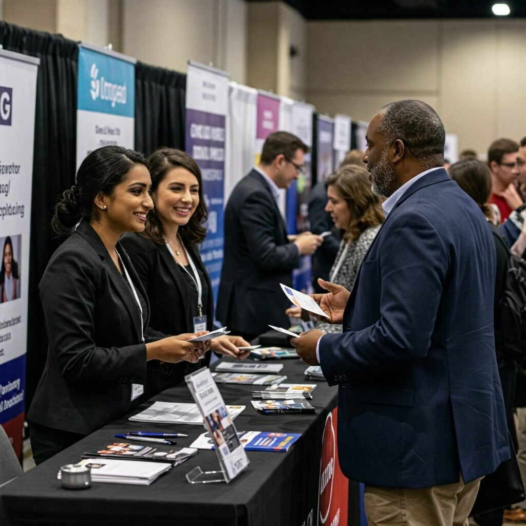 Bustling career fair booth with diverse professionals and recruiters.