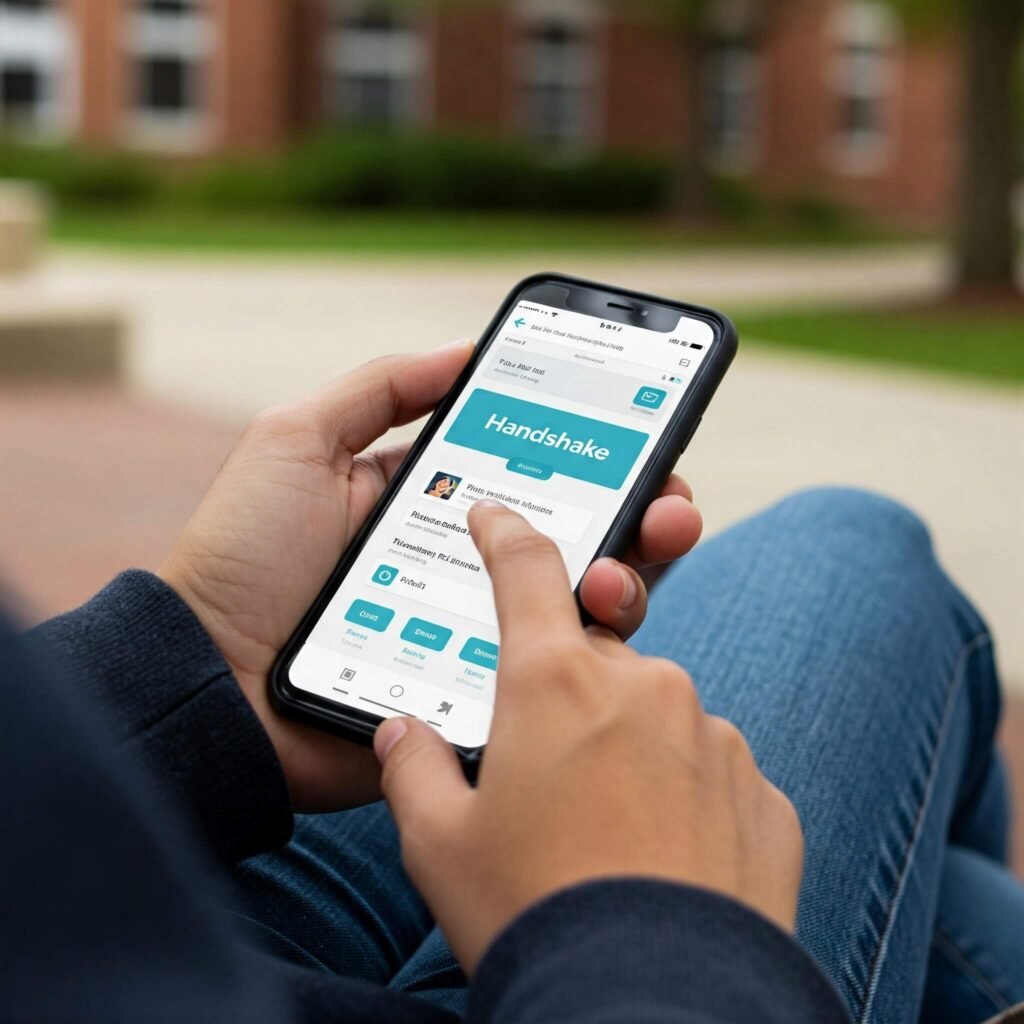 Student using Handshake app on phone.