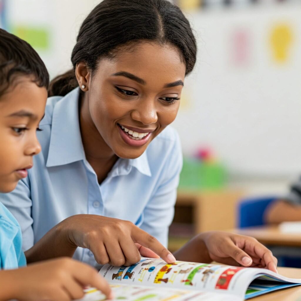 Teacher encouraging student learning.