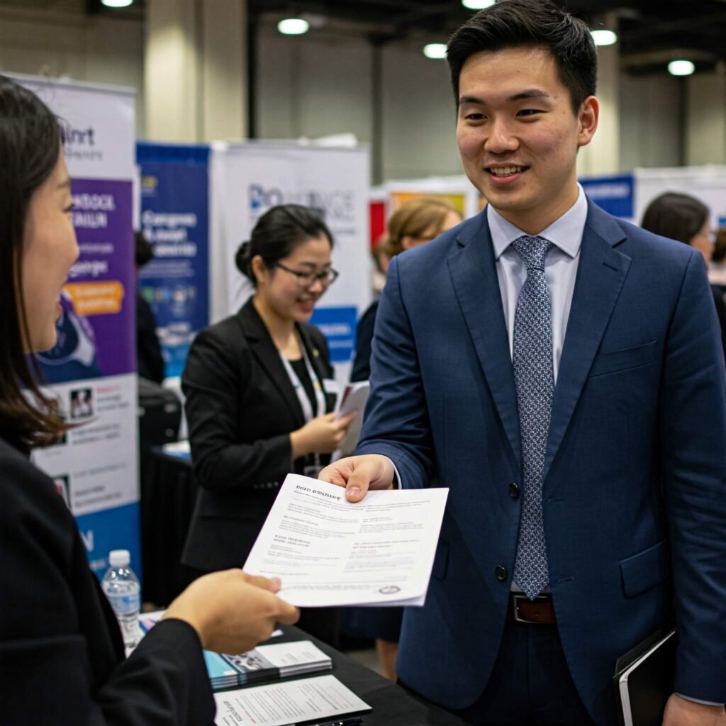 Confidently handing resume to recruiter at career fair.