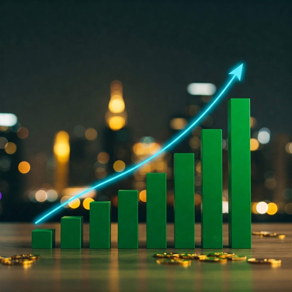Rising financial growth chart with cityscape