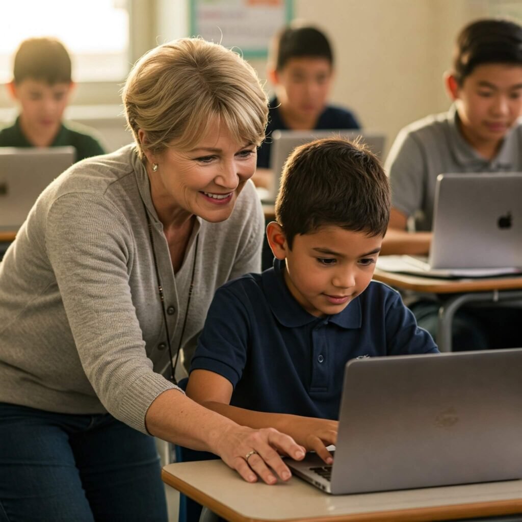 Teacher Helping Student Laptop