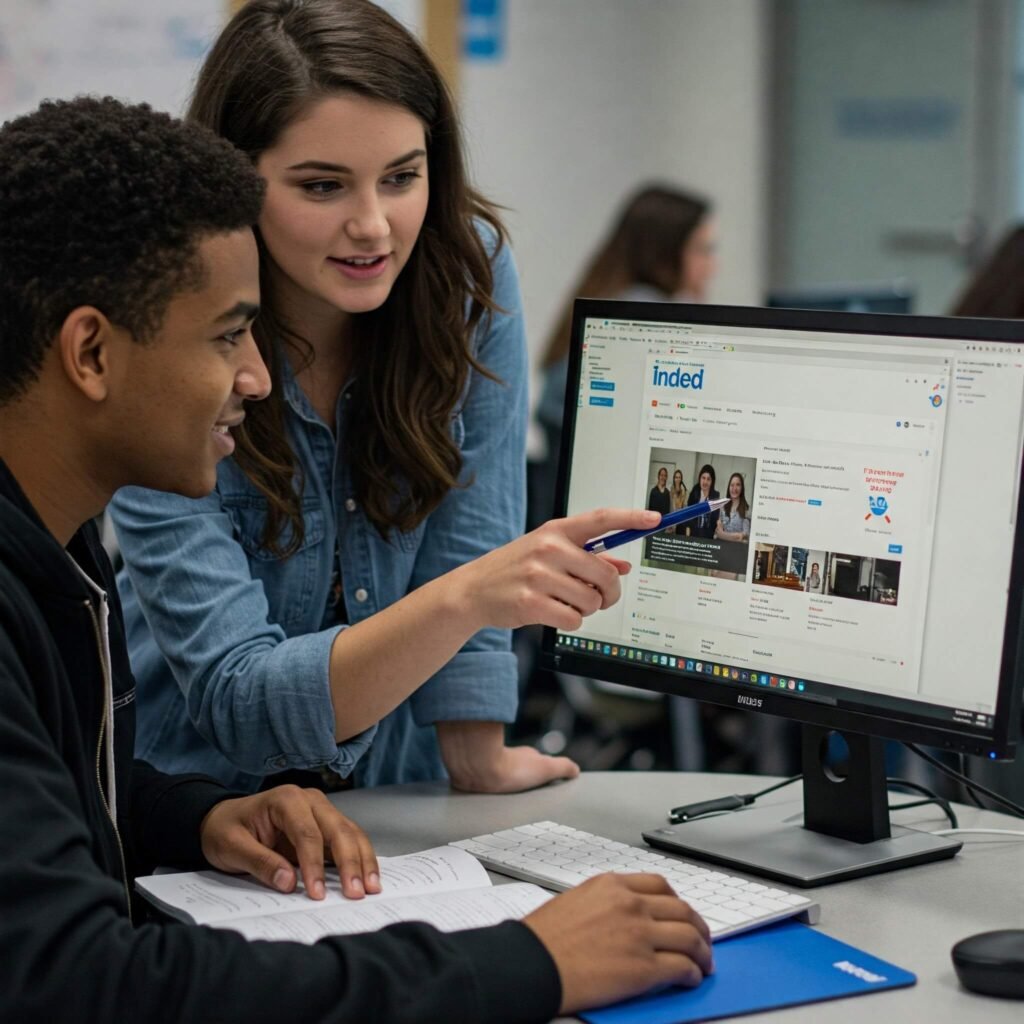 Students collaborating on Indeed job search.