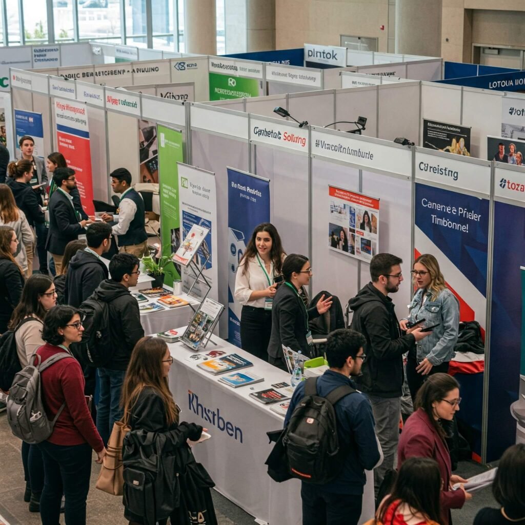 Diverse conversations and information exchange at career fair booths.