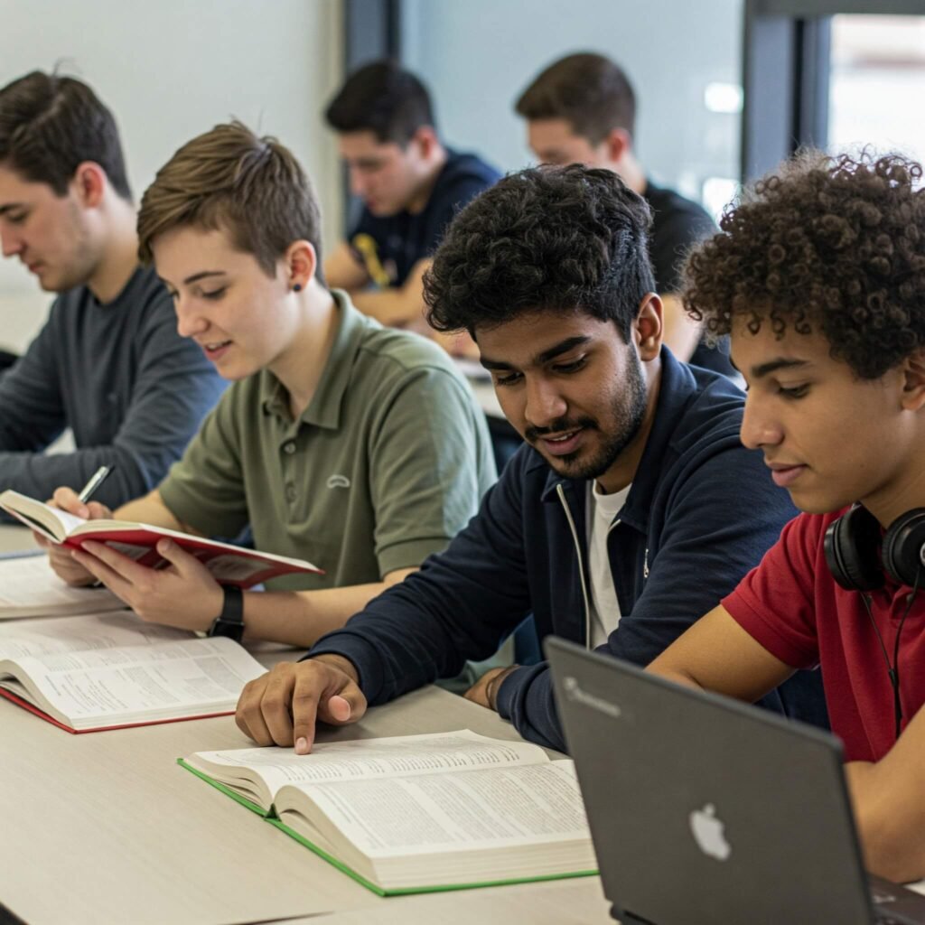 Diverse college students studying together.