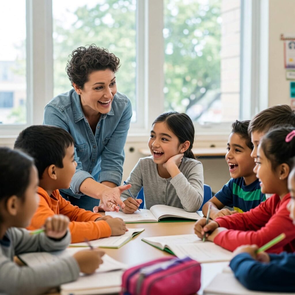 Teacher joyfully interacting with students.