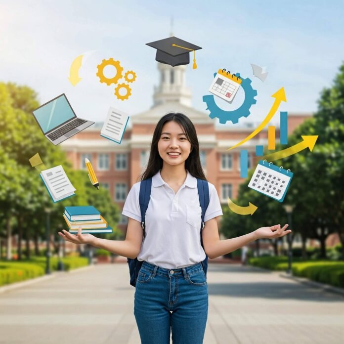Confident student juggling college icons.