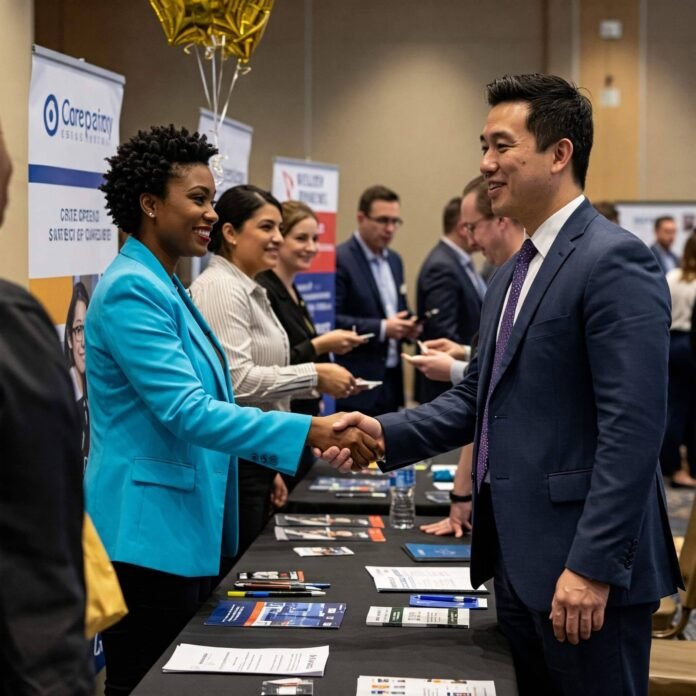 Diverse professionals networking at a vibrant career fair.