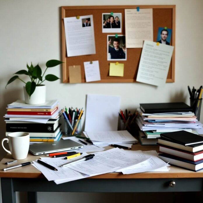 Chaotic desk with books, laptop, and pinned photos from low angle