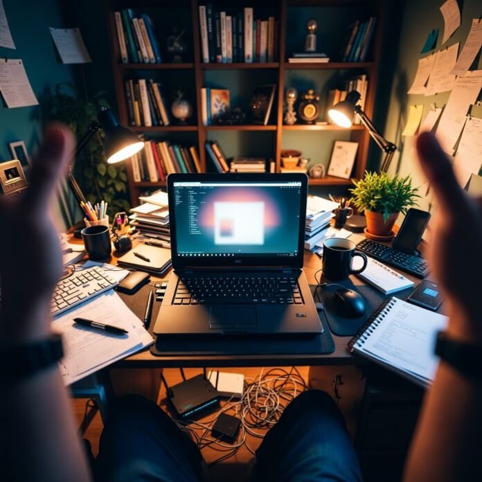 Late-night cluttered desk view of online degree portal