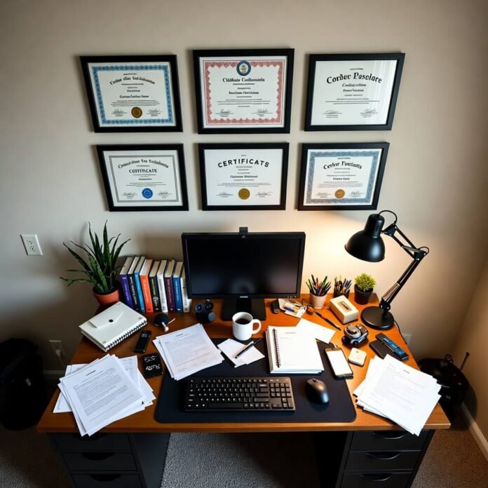 Glowing career certs on messy desk chaos