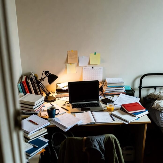 Chaotic dorm desk with hustle and study mess Chaotic dorm desk with hustle and study mess