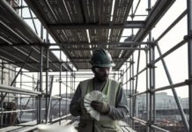 15 High-Paying Jobs That Don’t Require a College Degree Worker on scaffolding holding cash stack, coffee cup below.