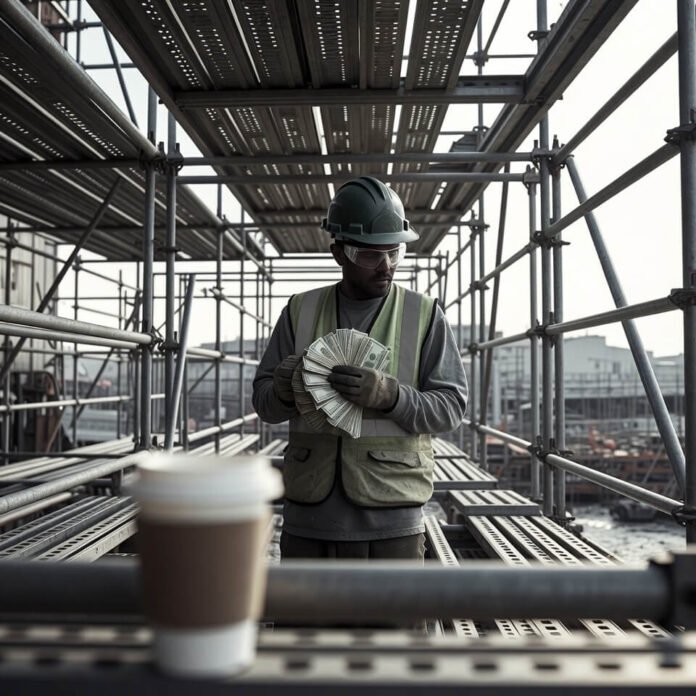 Worker on scaffolding holding cash stack, coffee cup below. Worker on scaffolding holding cash stack, coffee cup below.
