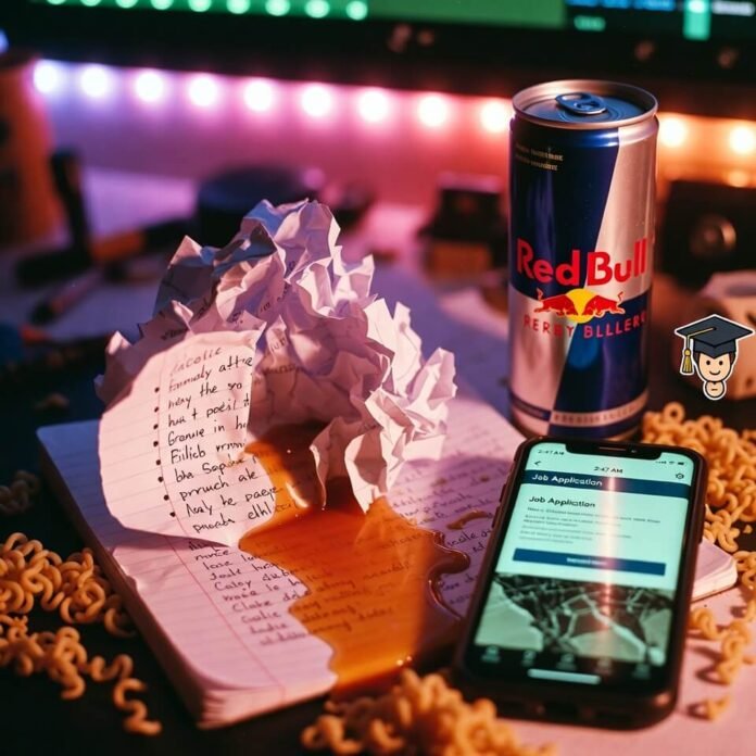 Crumpled resume page soaked in ramen, tiny grad cap on Red Bull can