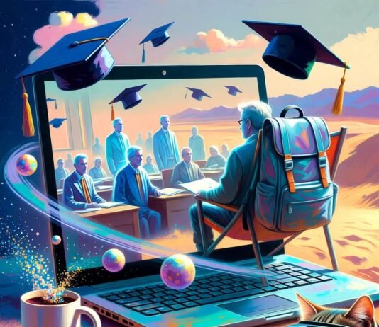 Top-Rated Online Colleges You Can Attend from Anywhere Dreamy desert laptop with holographic professors and quirky cat