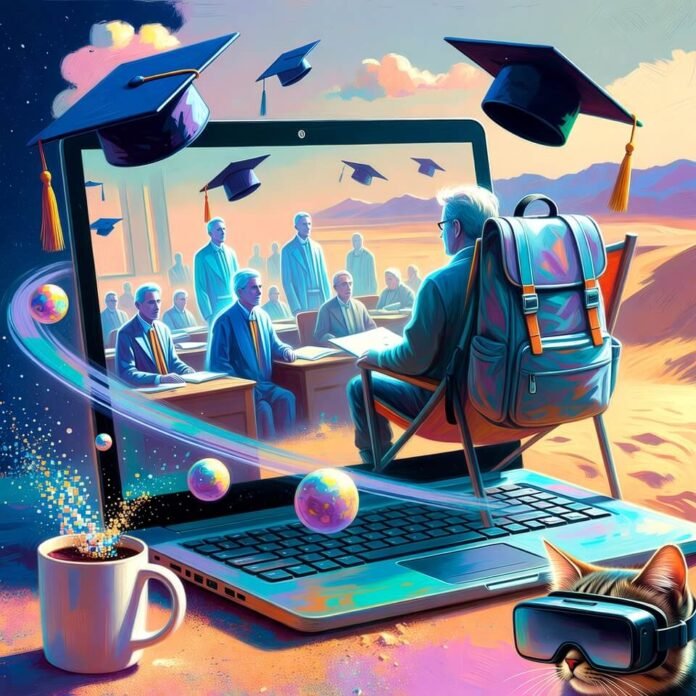 Dreamy desert laptop with holographic professors and quirky cat