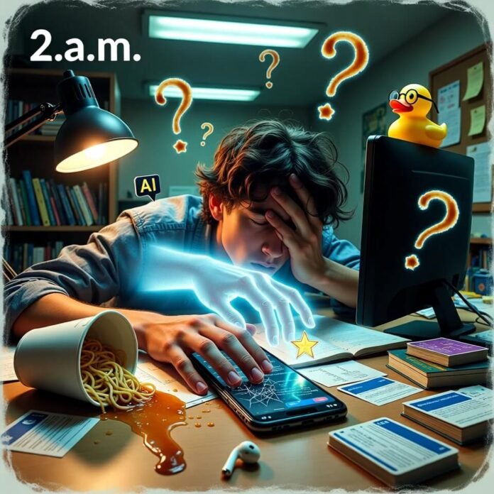 Exhausted student face-palming at AI help, 2 a.m. chaos Exhausted student face-palming at AI help, 2 a.m. chaos