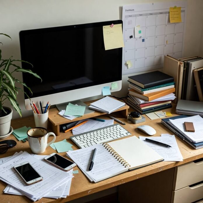 Chaotic desk with coffee stains and study mess Chaotic desk with coffee stains and study mess