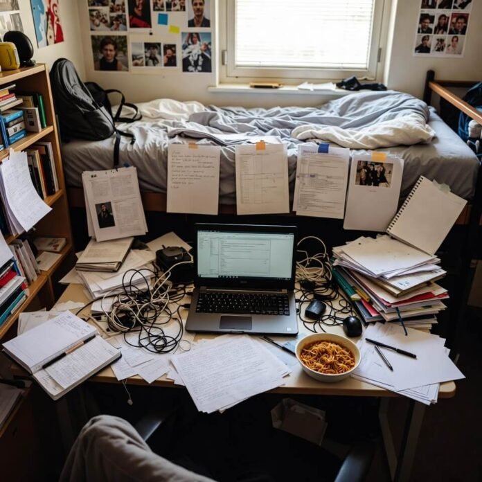 Cluttered student desk with laptop and ramen bowl Cluttered student desk with laptop and ramen bowl
