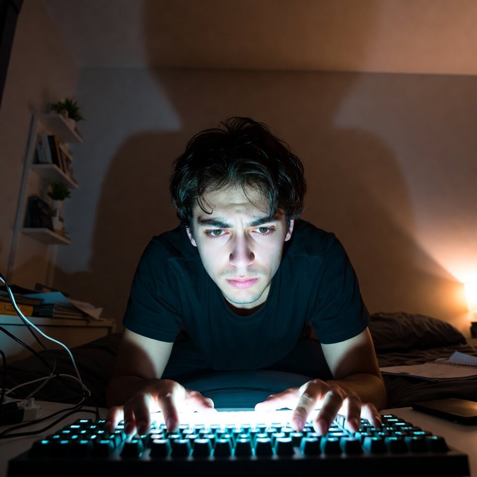 Tired student freelancing late at night on glowing laptop