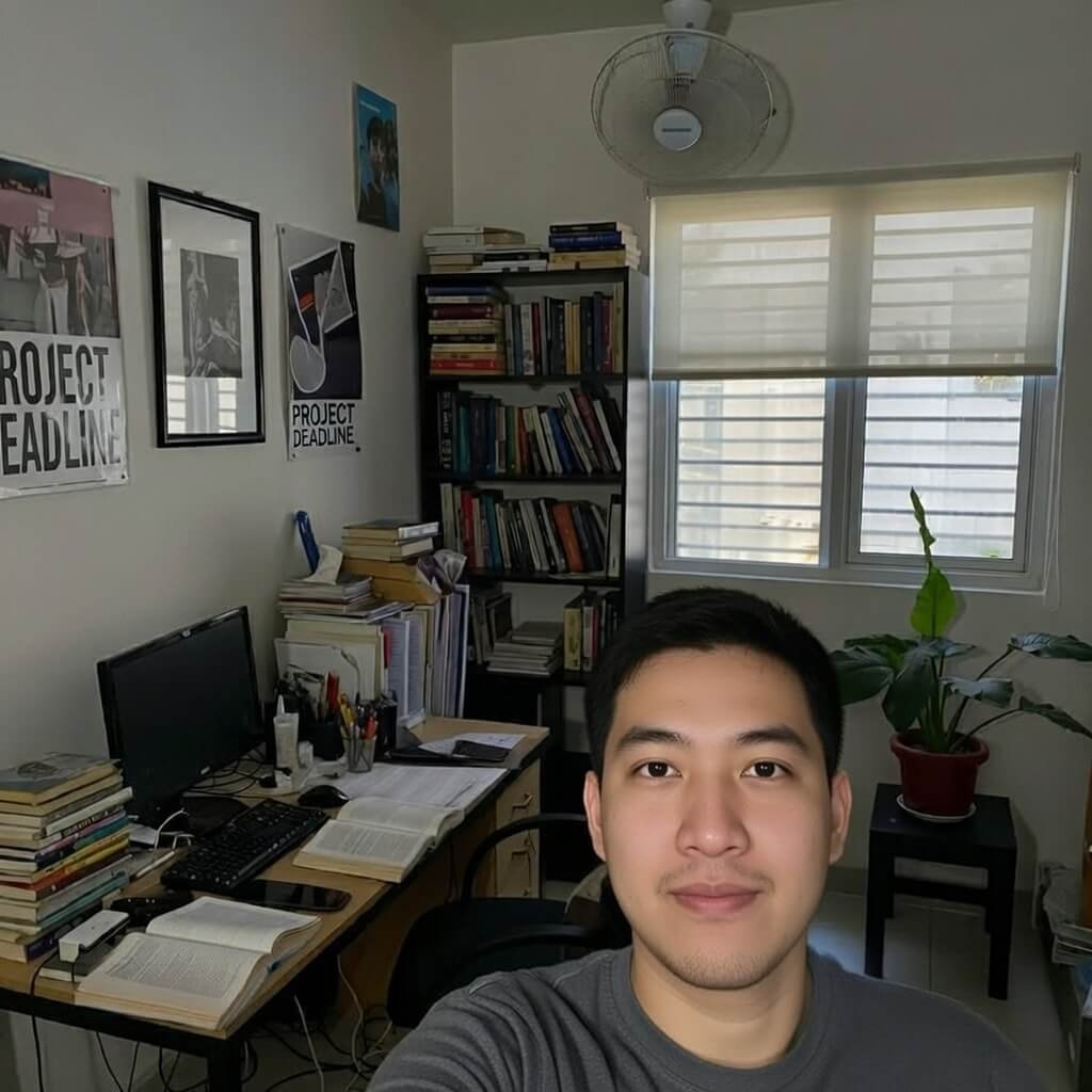 Zoom selfie with ceiling fan photobombing in bad light