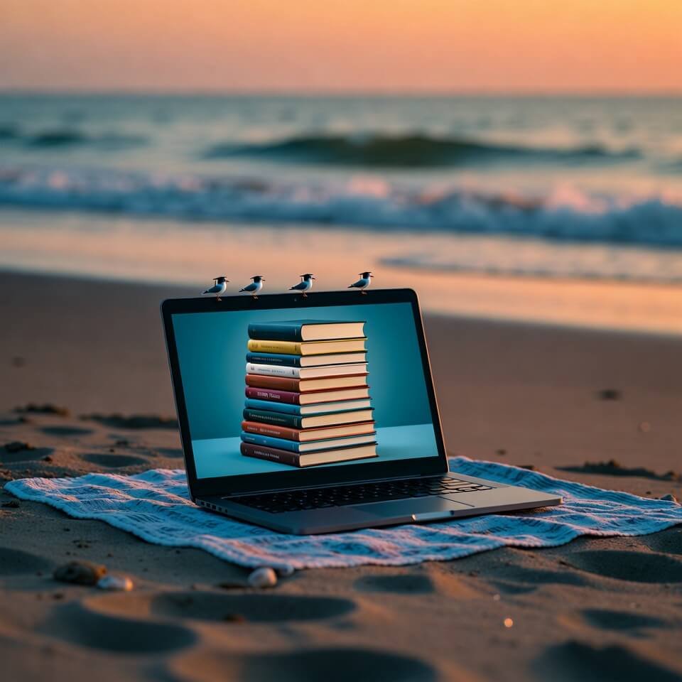 Beach laptop with digitized book stack and hatted seagulls