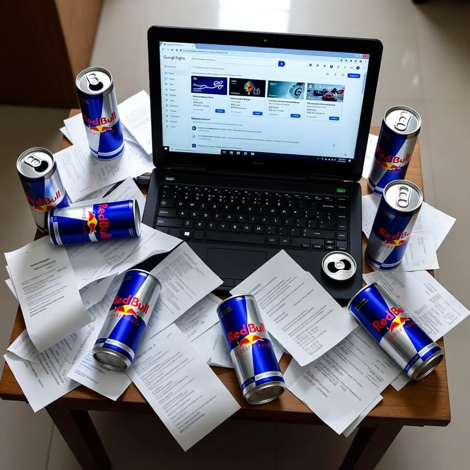 Messy table of receipts, Red Bull cans, Google Flights tab