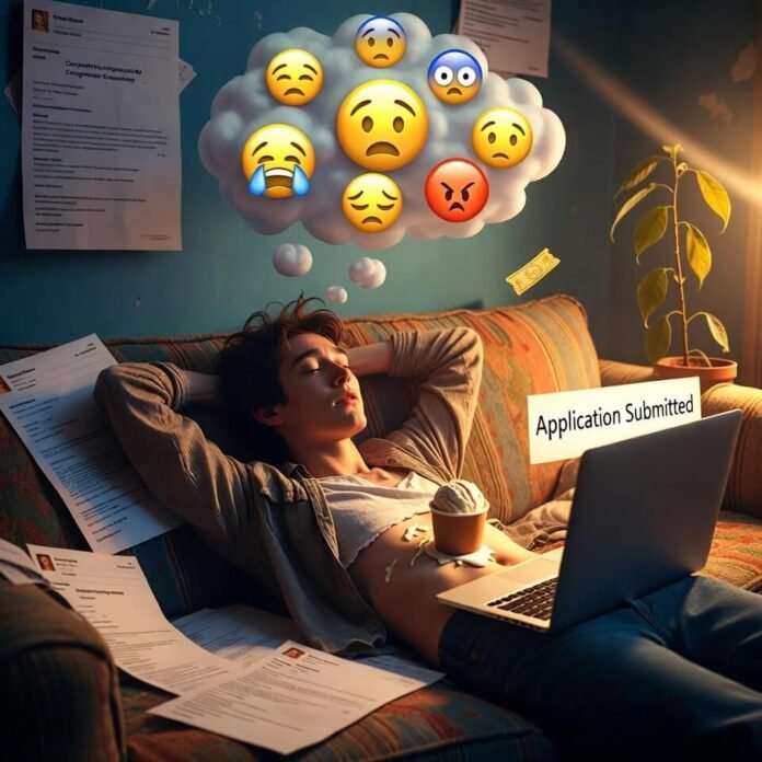 Exhausted student sprawled on couch with melting ice cream and scholarship emails