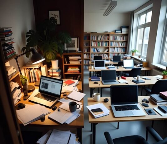 Online School vs Traditional School: What Works Best for You? Split view of chaotic home online learning vs crowded classroom