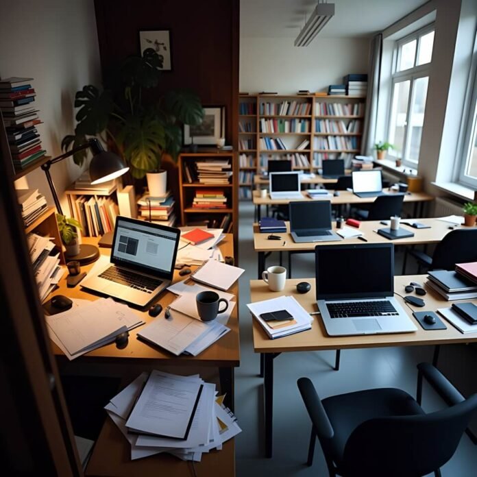 Split view of chaotic home online learning vs crowded classroom