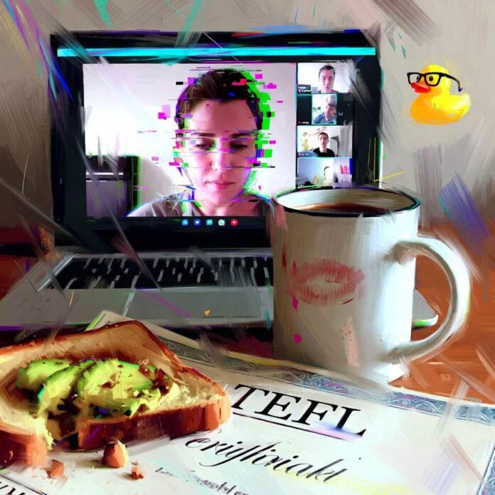 Crumpled TEFL certificate, messy desk, glitched Zoom class