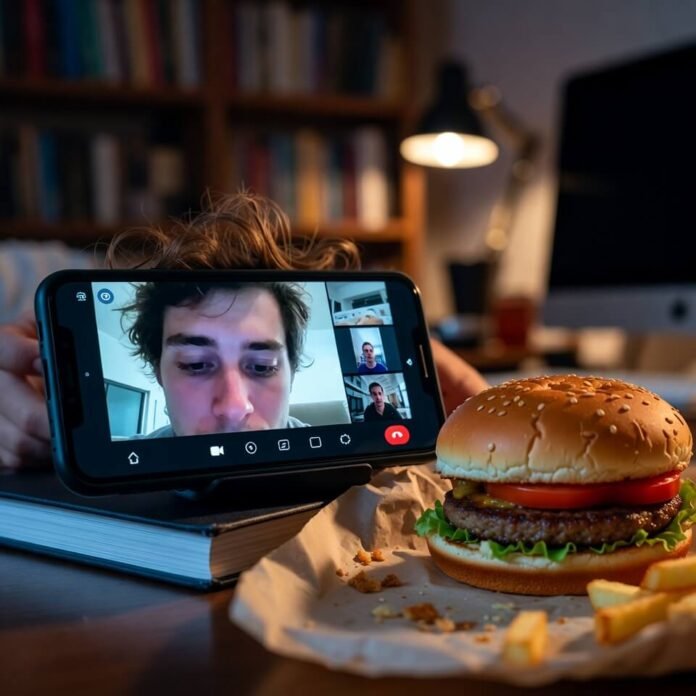 Late-night Zoom with half-eaten burger setup Late-night Zoom with half-eaten burger setup