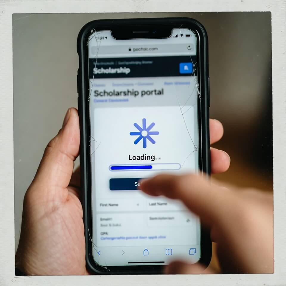 Cracked phone screen stuck loading scholarship portal, thumb over Submit button