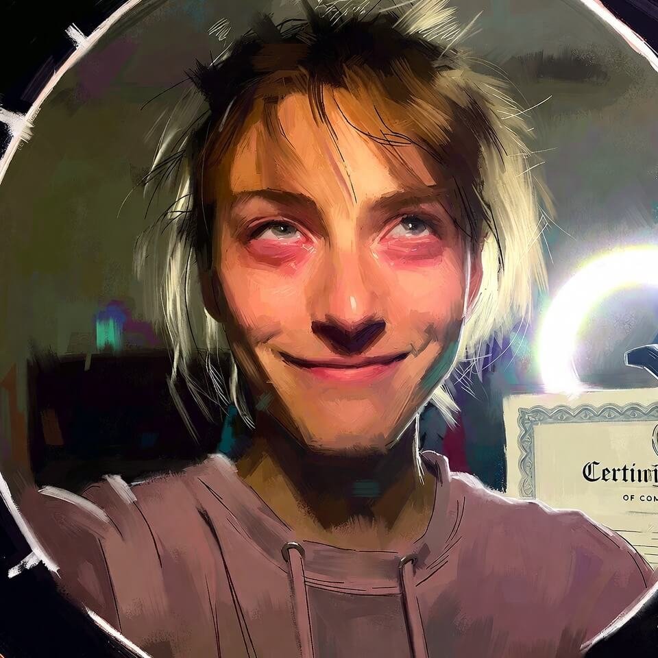 Tired proud smirk holding teacher certificate selfie