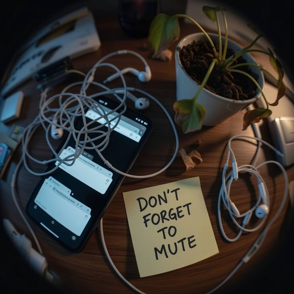 Chaotic desk mess, dying plant, mute reminder