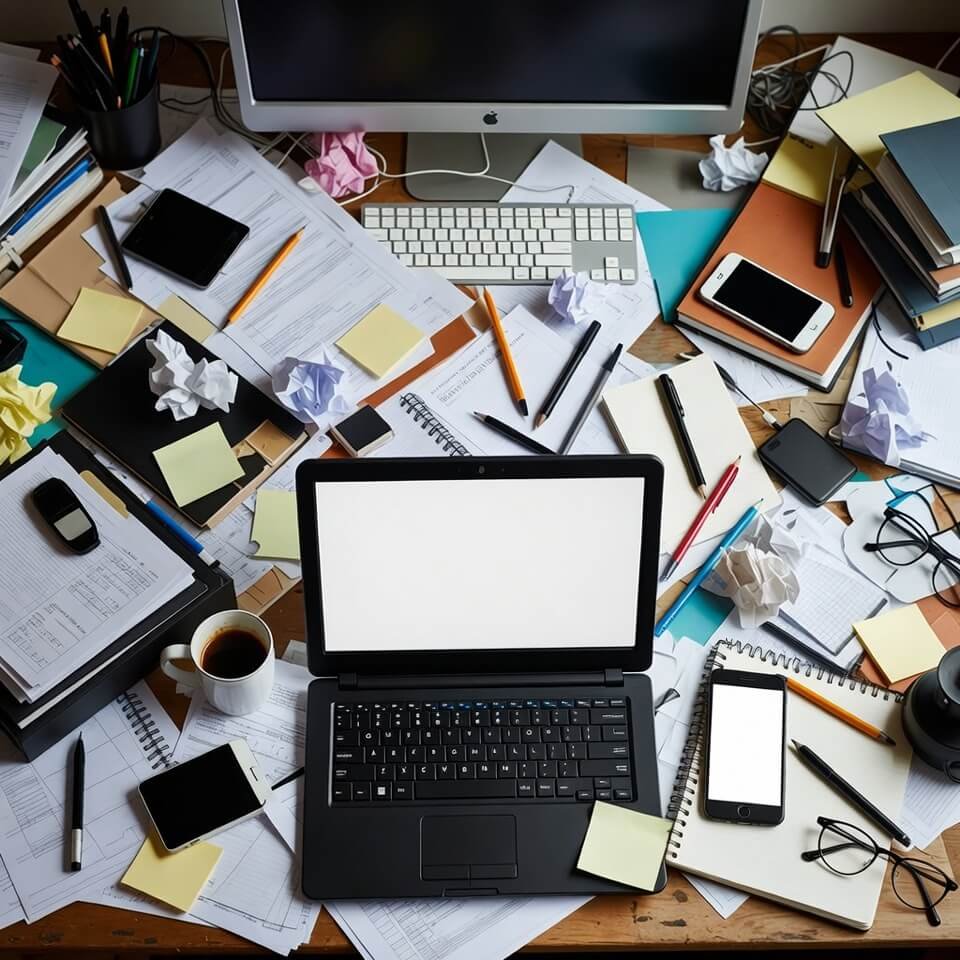 Chaotic overhead desk full of job papers