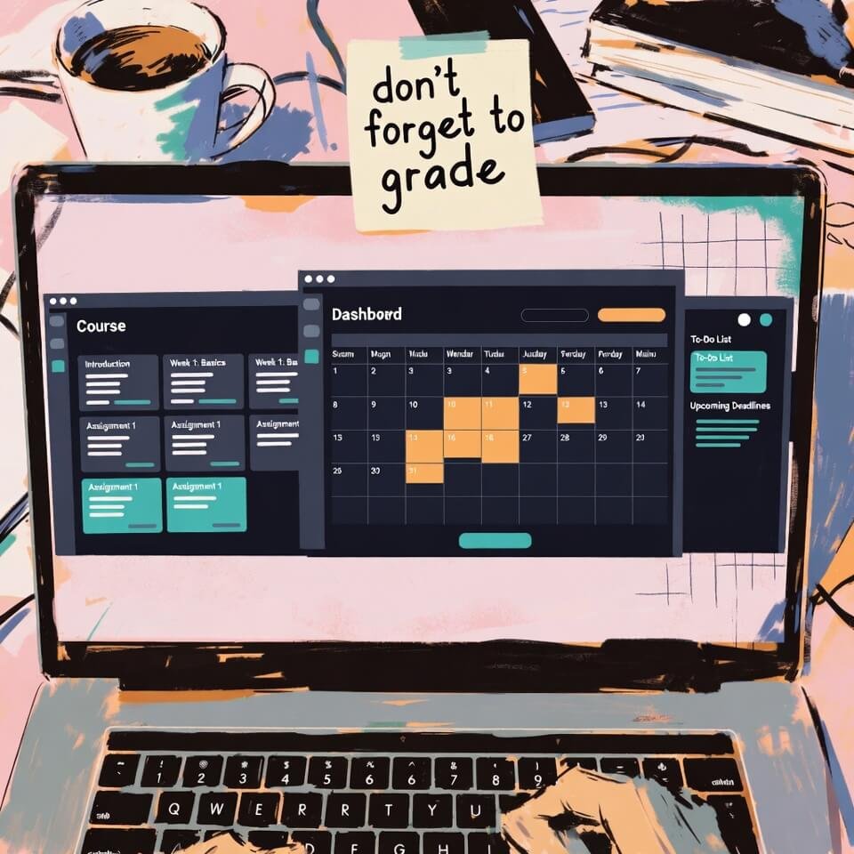 Laptop with multiple course dashboards and "don't forget to grade" note