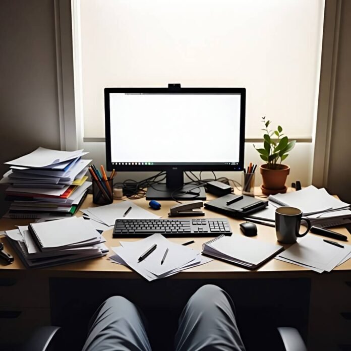 Cluttered desk chaos during college panic