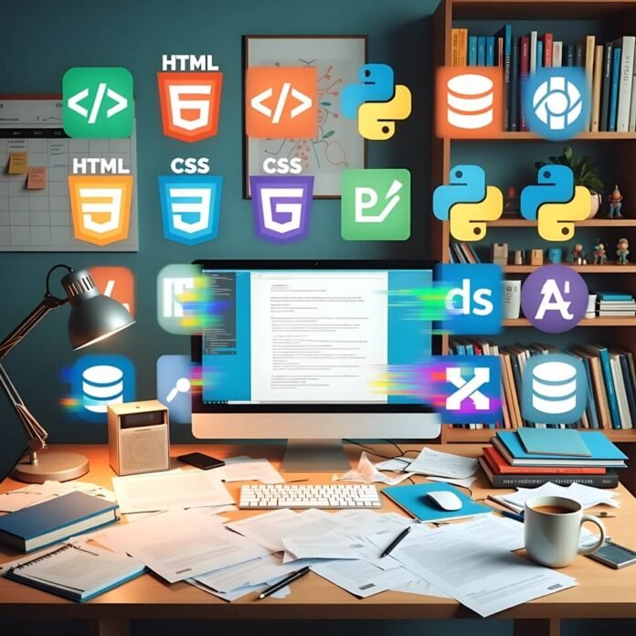Cluttered desk with glitching skill icons and spilled coffee
