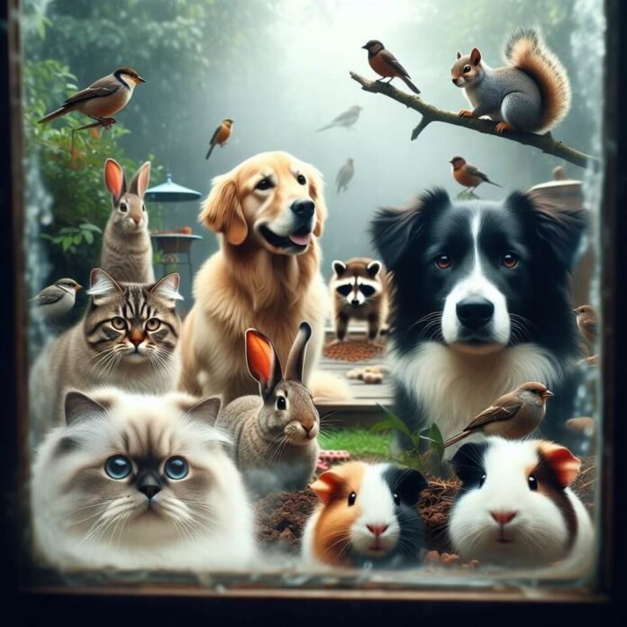 Chaotic yard full of pets and critters