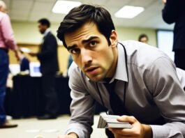 Networking for Students: How to Make the Right Connections Student fumbling business cards and spilling coffee at career fair