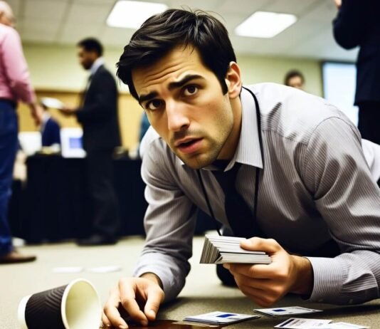 Networking for Students: How to Make the Right Connections Student fumbling business cards and spilling coffee at career fair