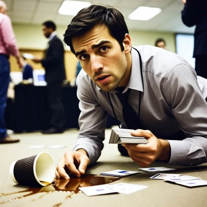 Student fumbling business cards and spilling coffee at career fair