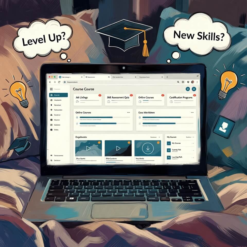 Laptop course dashboard from bed with "Level Up?" thought bubbles